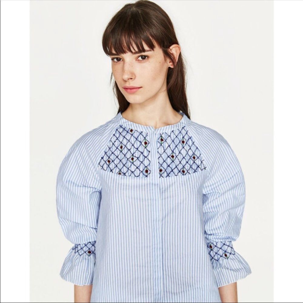 Zara Blue White Stripe Smocked Embroidered Blouse XS